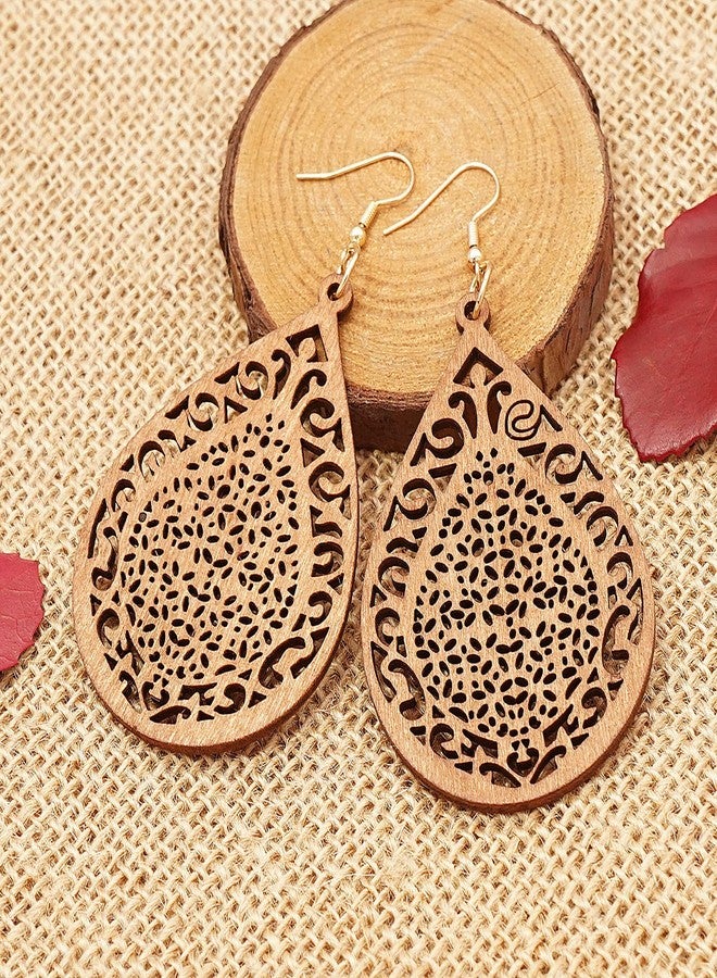 Wovanoo Wooden Hoop Earrings for Women 2 Pairs Natural Wooden Teardrop Earrings Lightweight Drop Dangle Earring Brown - Image 5